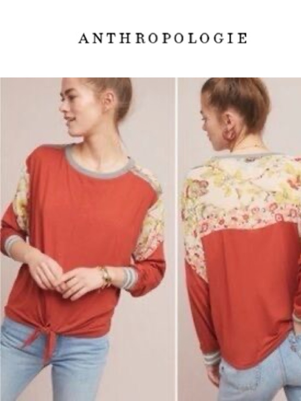 Anthropologie Tiny Pippa top Orange Floral-Accent Tie-Hem pullover